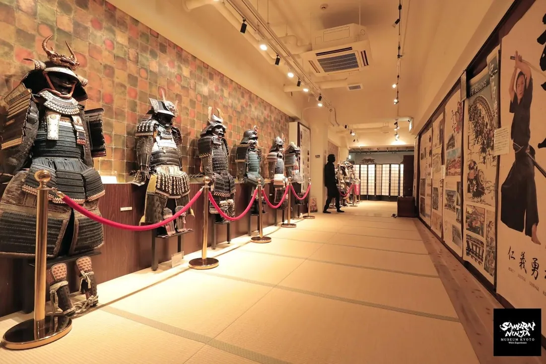 A corridor of samurai armor displays inside the Samurai Museum Shinjuku