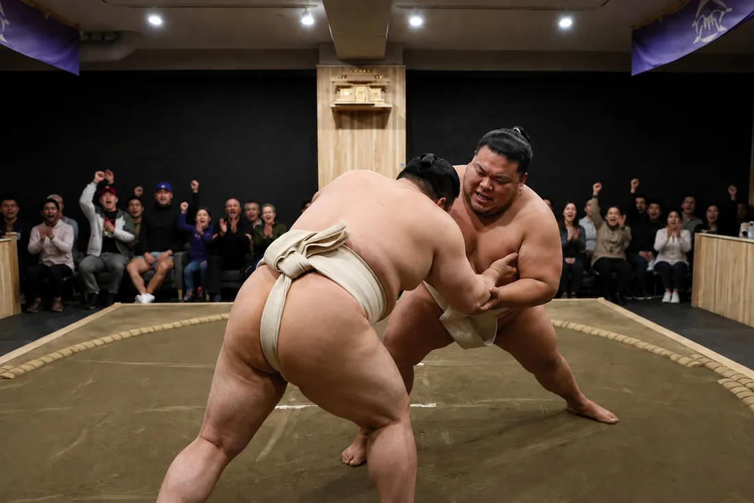 Two sumo wrestlers locked in a mid-bout push during a sumo show Tokyo visitors watch from ringside seats