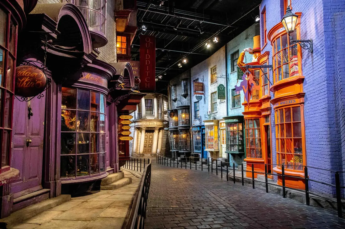 Crooked shopfronts of the Diagon Alley set, the centerpiece for visitors with Warner Bros. Studio Tour Tokyo tickets