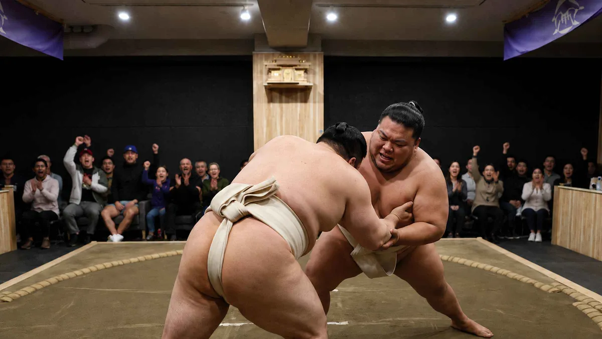 Sumo wrestlers facing off at a Shibuya show, a cultural break from the museums in Tokyo